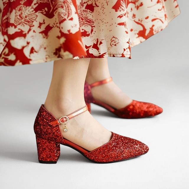 Block Heel Sequined D'Orsay Pumps