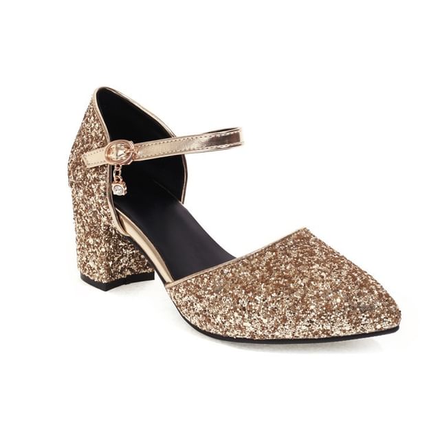 Block Heel Sequined D'Orsay Pumps
