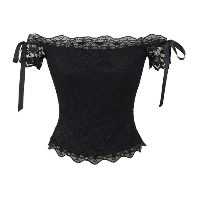 Short-Sleeve Off Shoulder Plain Lace Crop Top
