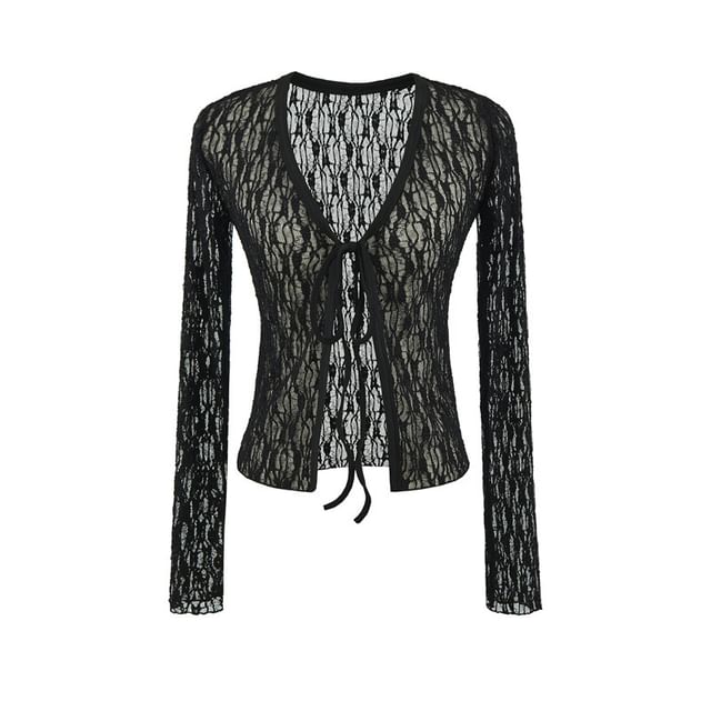 Long-Sleeve V-Neck Lace Tie Front Top