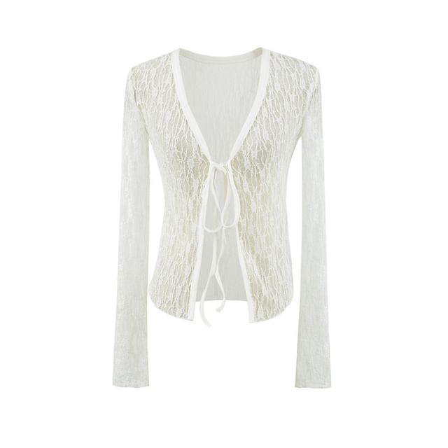 Long-Sleeve V-Neck Lace Tie Front Top