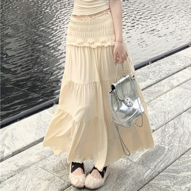 Cap-Sleeve V-Neck Plain Ruffle Trim Crop Top / Mid Rise Plain Maxi A-Line Skirt