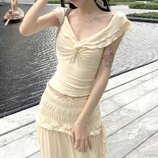 Cap-Sleeve V-Neck Plain Ruffle Trim Crop Top / Mid Rise Plain Maxi A-Line Skirt