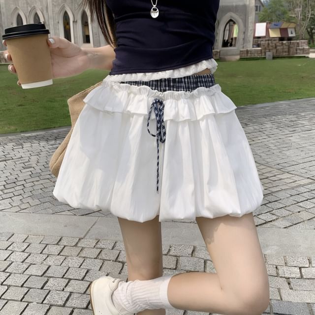 Double Waist Plaid Panel Mini Bubble A-Line Skirt
