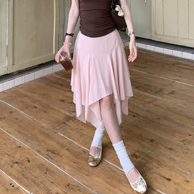 Mid Rise Plain Asymmetrical Midi A-Line Skirt