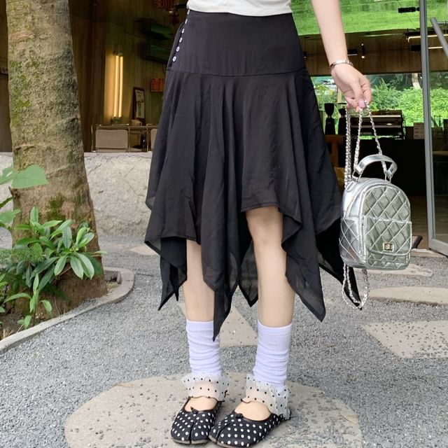 Mid Rise Plain Asymmetrical Midi A-Line Skirt