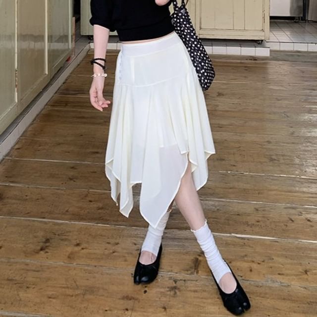 Mid Rise Plain Asymmetrical Midi A-Line Skirt