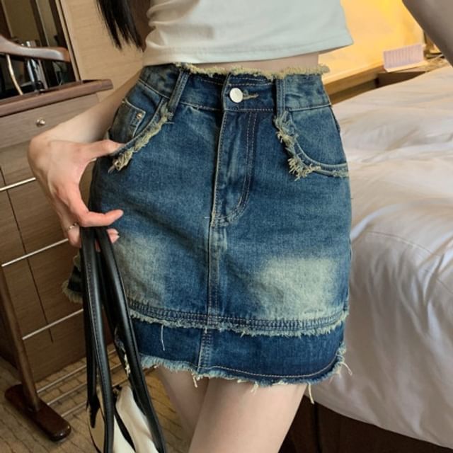 Mid Rise Washed Denim Mini A-Line Skirt