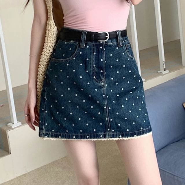 Mid Rise Dotted Denim Mini A-Line Skirt