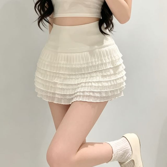 High Waist Plain Lace Trim Tiered Mini A-Line Skirt
