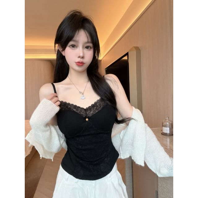 Spaghetti Strap Plain Lace Panel Camisole Top