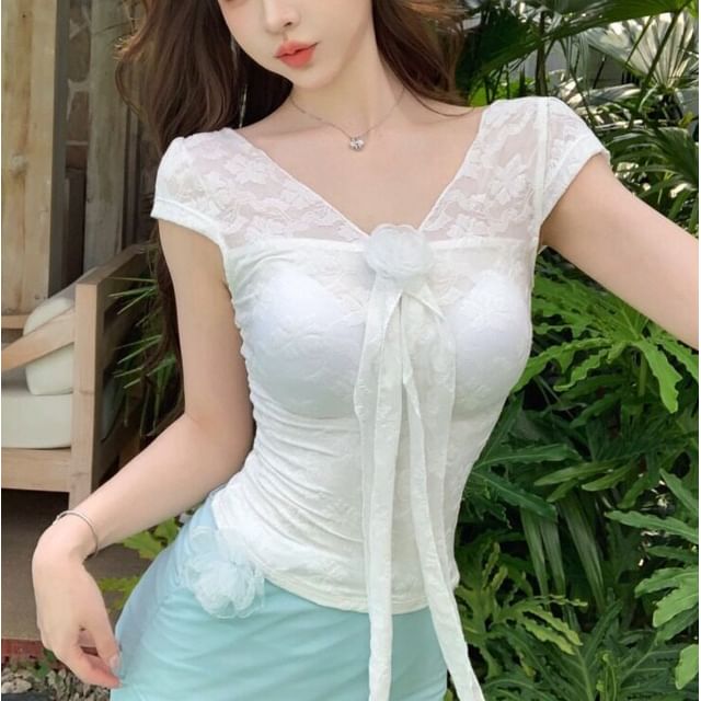 Short-Sleeve V-Neck Lace Panel Top