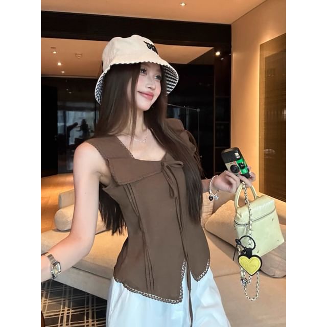Square Neck Lace-Trim Plain Tie-Front Slim-Fit Tank Top