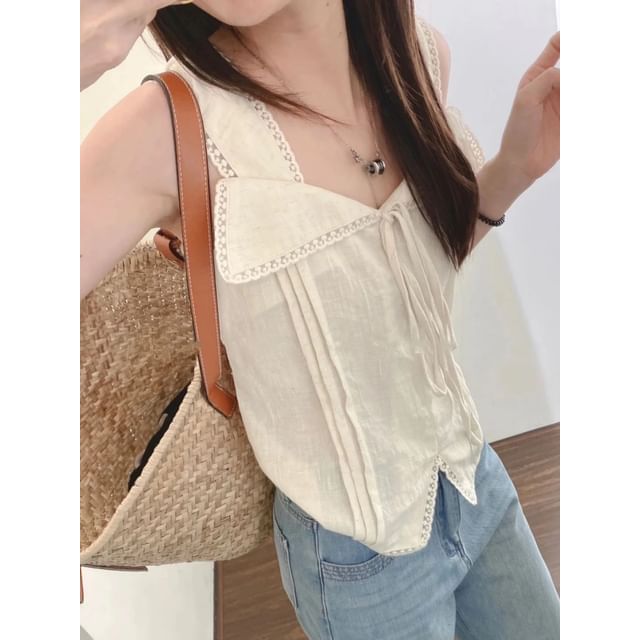 Square Neck Lace-Trim Plain Tie-Front Slim-Fit Tank Top