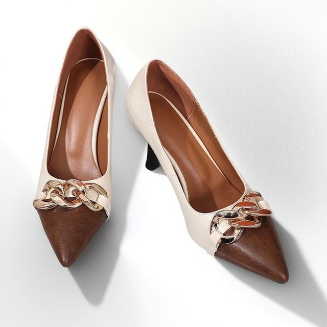 Stiletto Cap Toe Chained Faux Leather Pumps