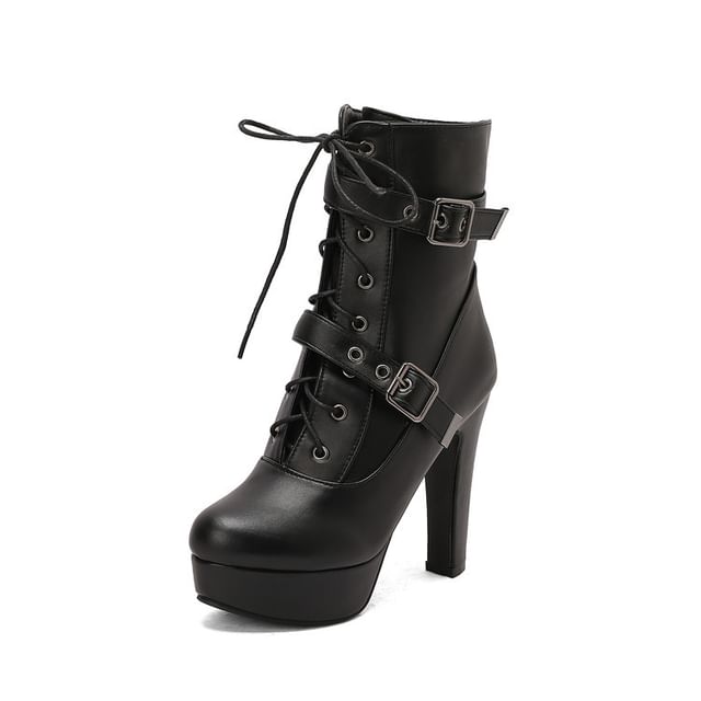 Platform Plain Buckled Lace-Up Faux Leather Short Boots