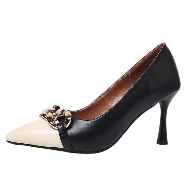 Stiletto Cap Toe Chained Faux Leather Pumps