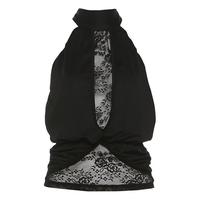 Halter-Neck Lace Panel Crop Top