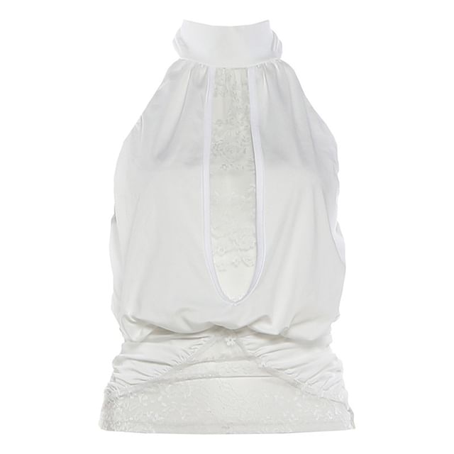 Halter-Neck Lace Panel Crop Top