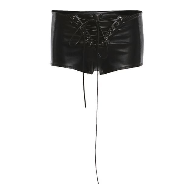 Halter-Neck Faux Leather Lace-Up Crop Top / Low Rise Shorts