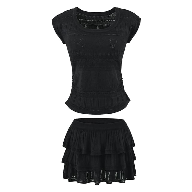 Set: Short Sleeve Plain Pointelle Slim-Fit Knit Top + High Waist Mini Tiered Skirt