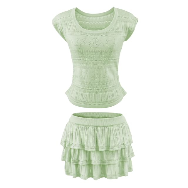 Set: Short Sleeve Plain Pointelle Slim-Fit Knit Top + High Waist Mini Tiered Skirt