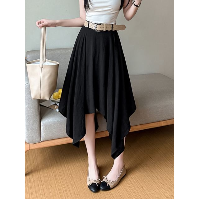 High Waist Plain Asymmetrical Midi A-Line Skirt