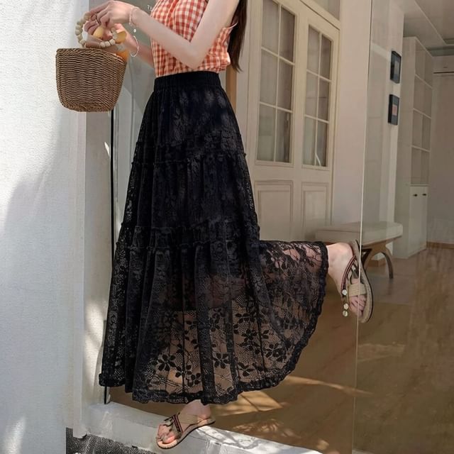 High Waist Plain Tiered Lace Maxi A-Line Skirt