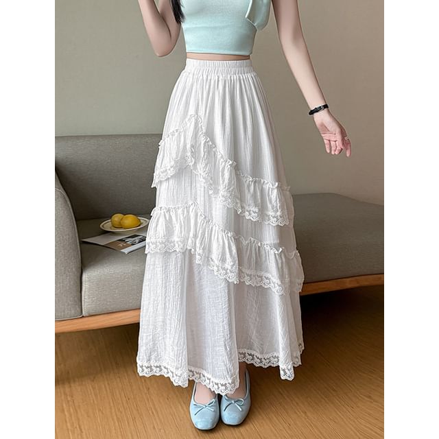 Elastic Waist Plain Ruffle Tiered Slit Panel Lace Maxi A-Line Skirt