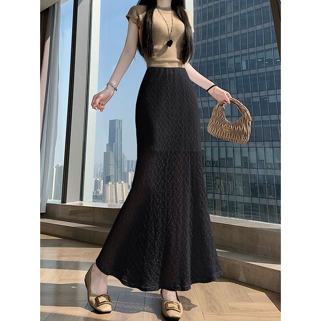 High Waist Plain Slit Lace Maxi Mermaid Skirt