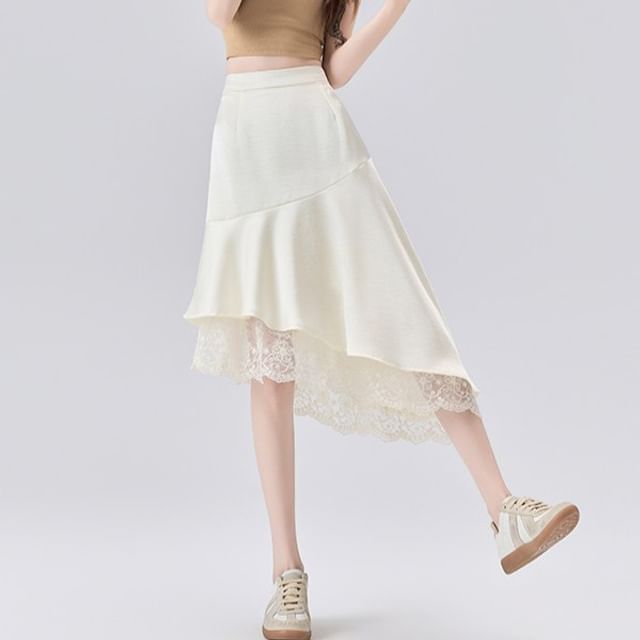 High Waist Plain Asymmetrical Lace Panel Satin Midi A-Line Skirt