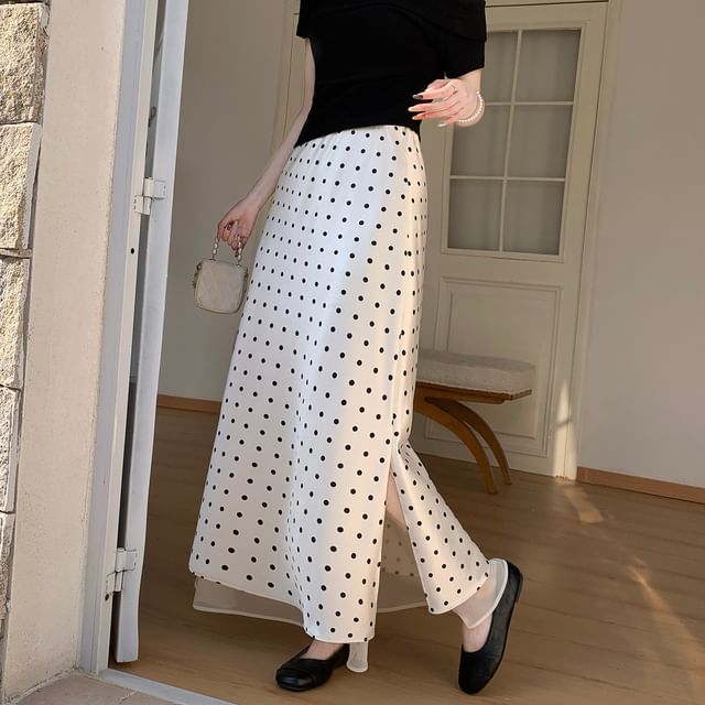 High Waist Polka Dot Slit Satin Panel Mesh Maxi A-Line Skirt