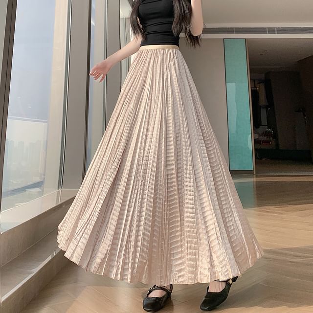 High Waist Plain Pleated Maxi A-Line Skirt