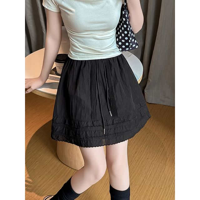 Drawstring Waist Plain Tiered Pintuck Mini A-Line Skirt