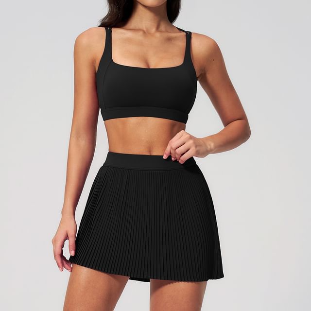 Set: Square Neck Plain Sport Bra + Mid Rise Mini A-Line Skirt