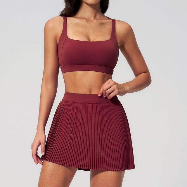 Set: Square Neck Plain Sport Bra + Mid Rise Mini A-Line Skirt