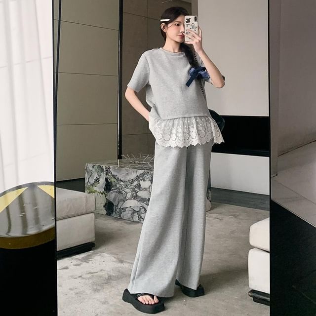 Maternity Set: Short-Sleeve Lace Hem Top + High Waist Flared Pants