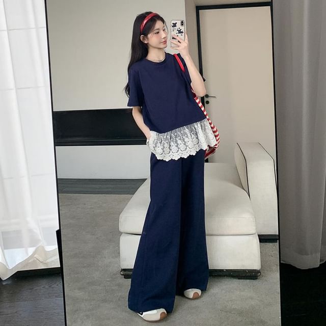 Maternity Set: Short-Sleeve Lace Hem Top + High Waist Flared Pants