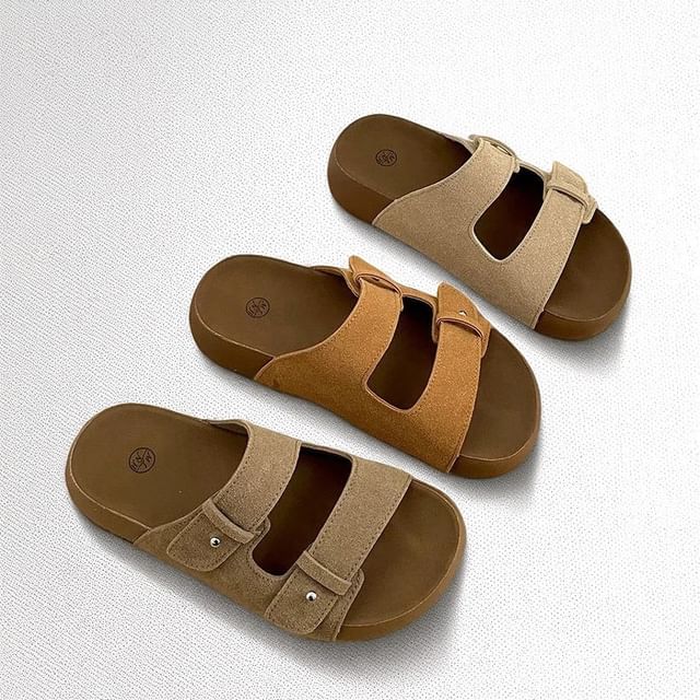 Double Strap Buckled Faux Suede Slide Sandals