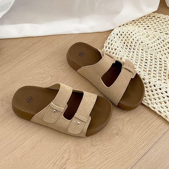 Double Strap Buckled Faux Suede Slide Sandals