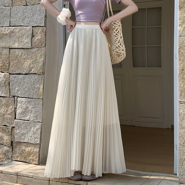High Waist Plain Accordion Pleated Maxi A-Line Skirt