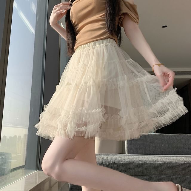 High Waist Plain Frill Trim Mesh Mini A-Line Skirt