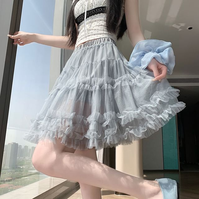 High Waist Plain Frill Trim Mesh Mini A-Line Skirt