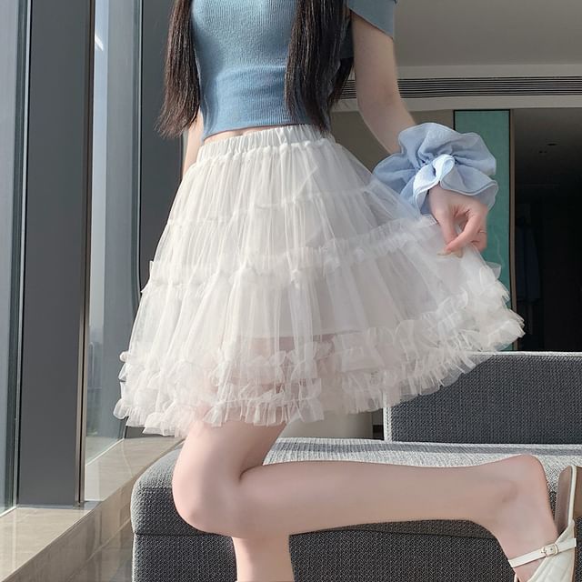 High Waist Plain Frill Trim Mesh Mini A-Line Skirt