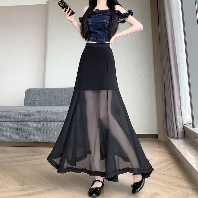 High Waist Plain Frill Trim Sheer Maxi Mermaid Skirt
