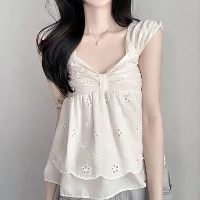 Cap-Sleeve V-Neck Perforated Flowy Crop Top