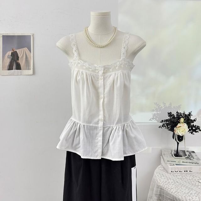 Sleeveless Lace Trim Button-Up Plain Flowy Top