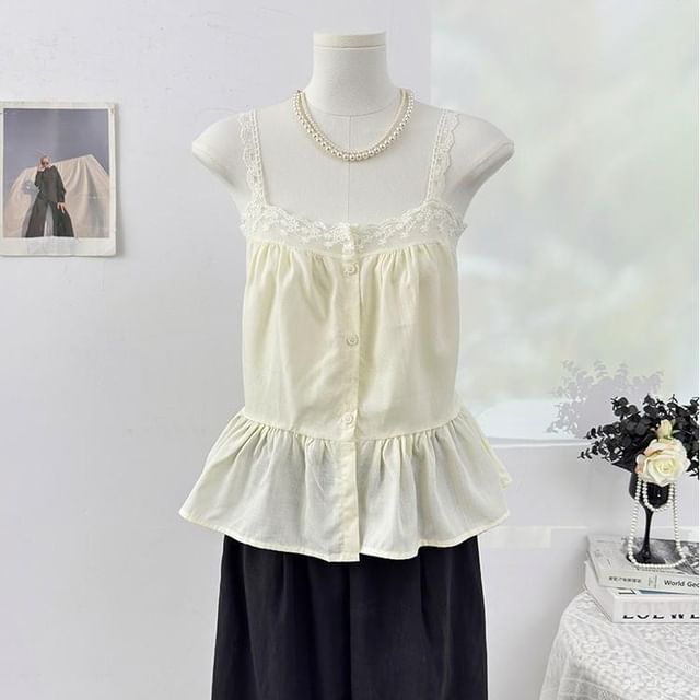 Sleeveless Lace Trim Button-Up Plain Flowy Top
