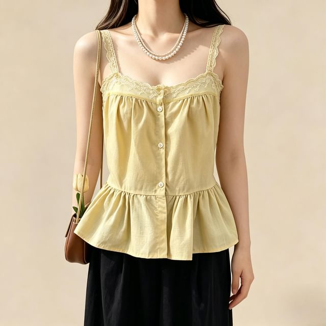 Sleeveless Lace Trim Button-Up Plain Flowy Top