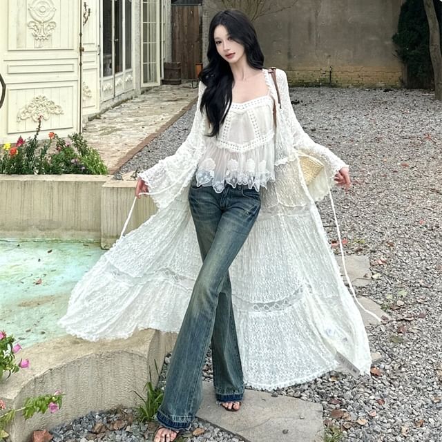 Spaghetti Strap V-Neck Plain Lace Camisole Top / Lace Long Light Jacket
